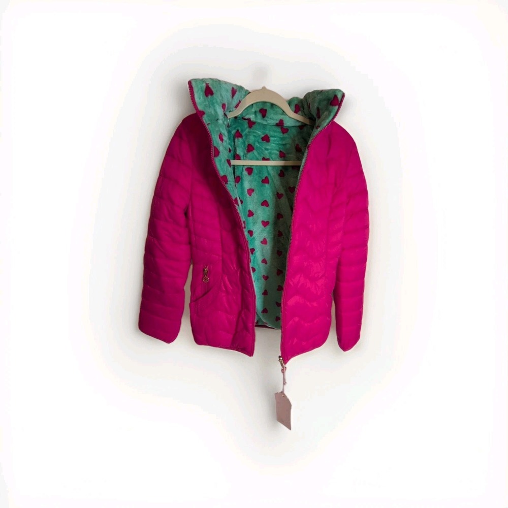 Youth Quilted Puffer Jacket Pink Heart-patterned Fleece Lining S 16 Hot Pink